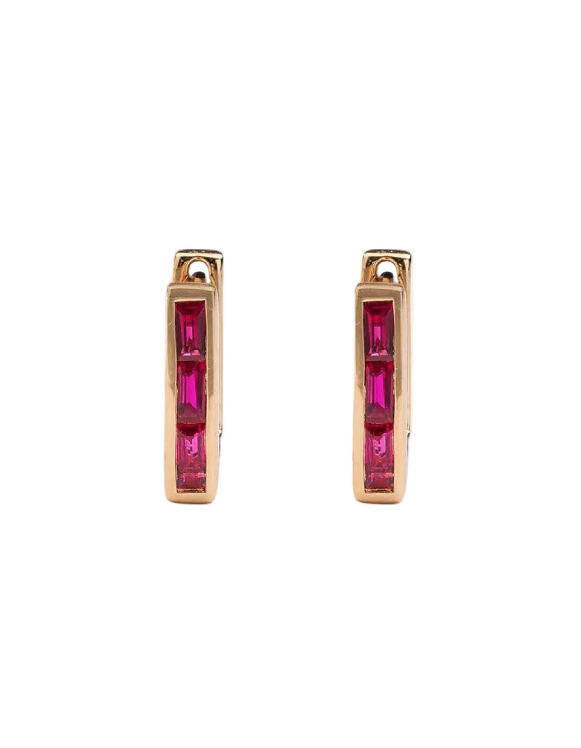 Skinny Square Ruby Huggie Earrings