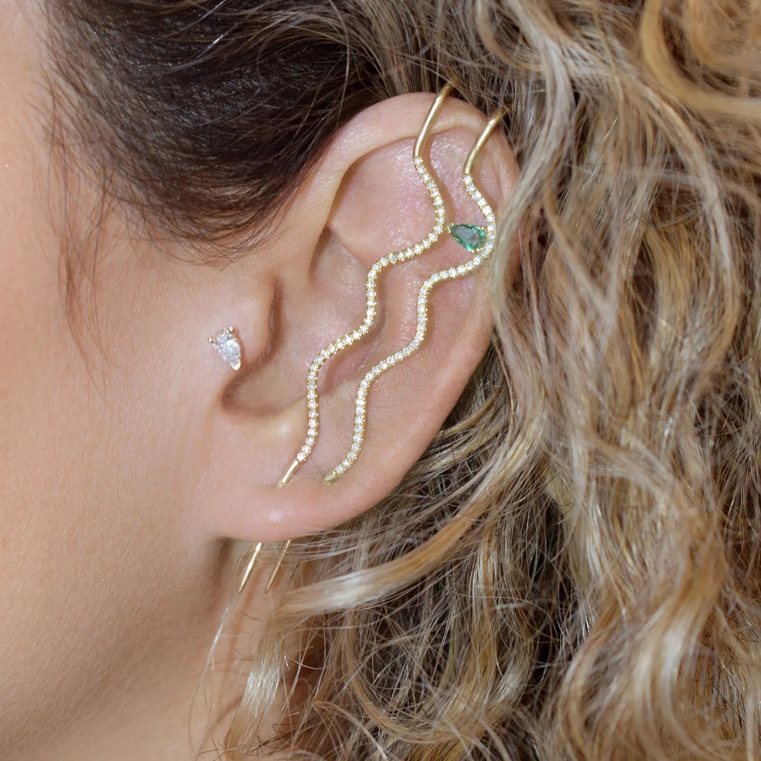 Emerald Splash Pave Wave Needle Earring by Labulgara - At Present Jewelry