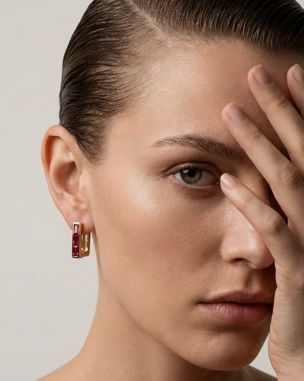Skinny Square Ruby Huggie Earrings