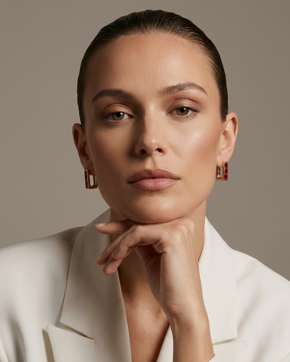 Skinny Square Ruby Huggie Earrings