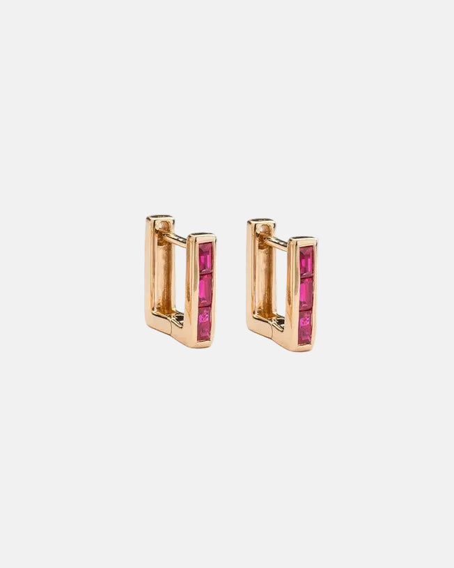 Skinny Square Ruby Huggie Earrings