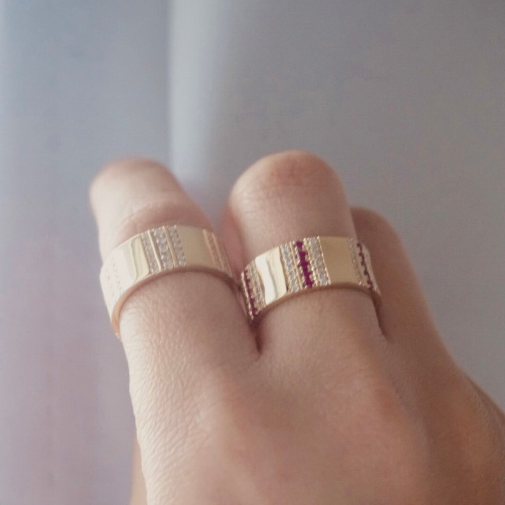 Pinstripe Strength Diamond and Ruby Cigar Band Ring by Ri Noor - At Present Jewelry