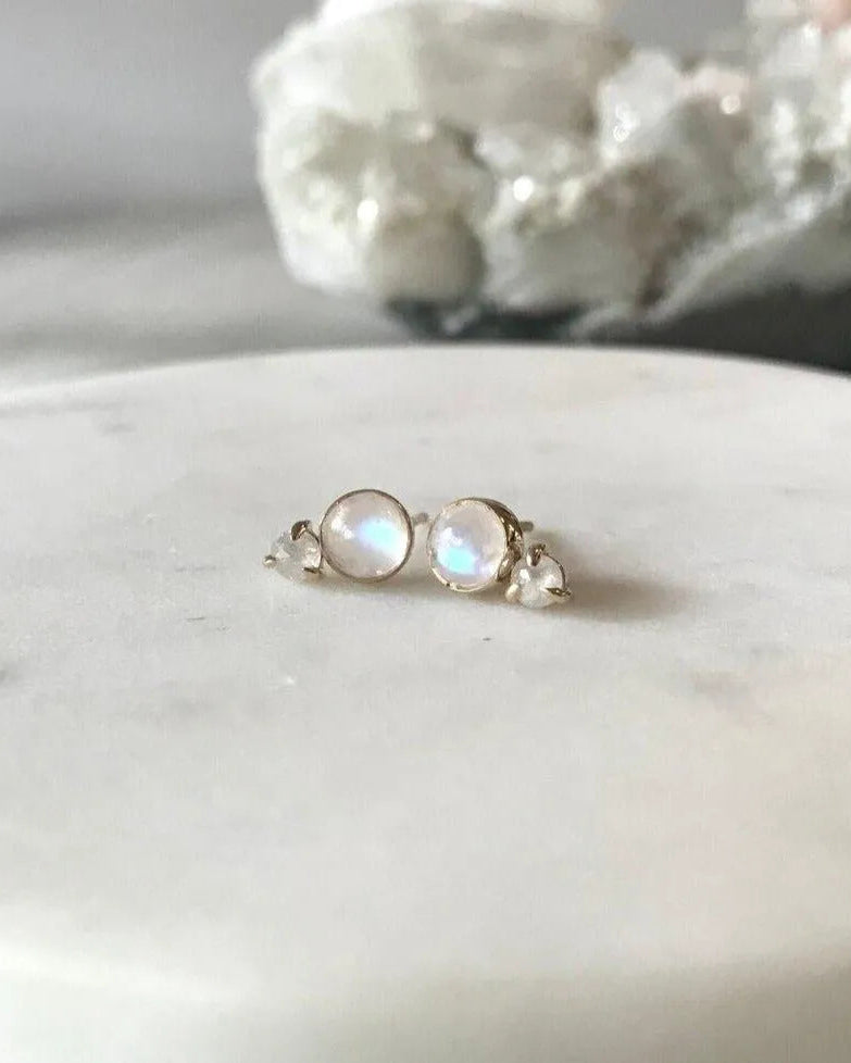 Rainbow Moonstone + Diamond Studs by A.M. Thorne - At Present Jewelry