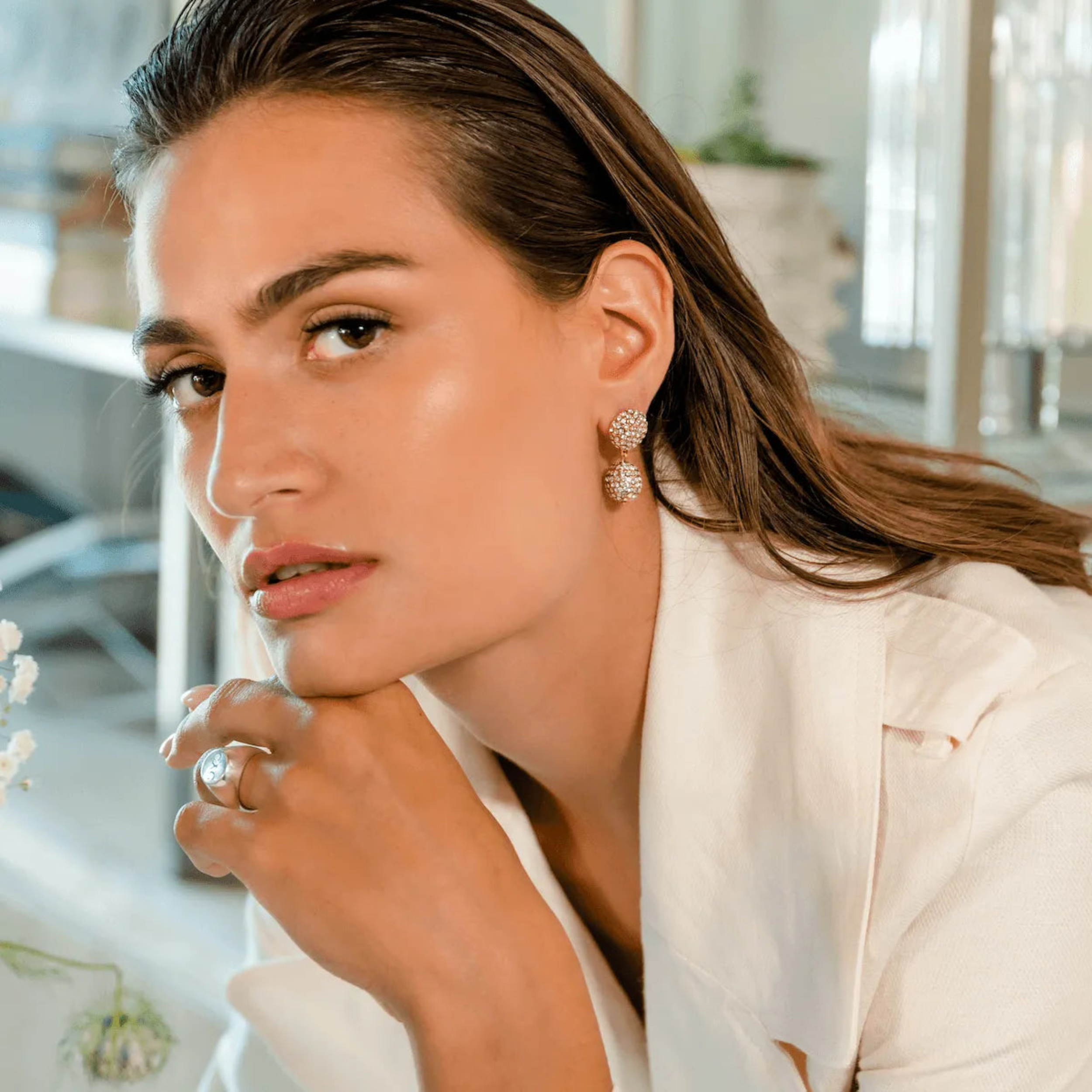 Pave Ball 2 Drop Earrings by Christina Caruso - At Present Jewelry