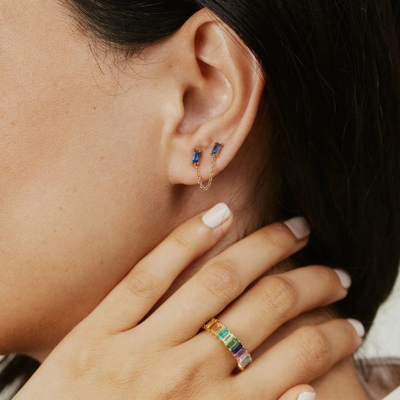 Gemstone Baguette Chain Stud by Eriness - At Present Jewelry