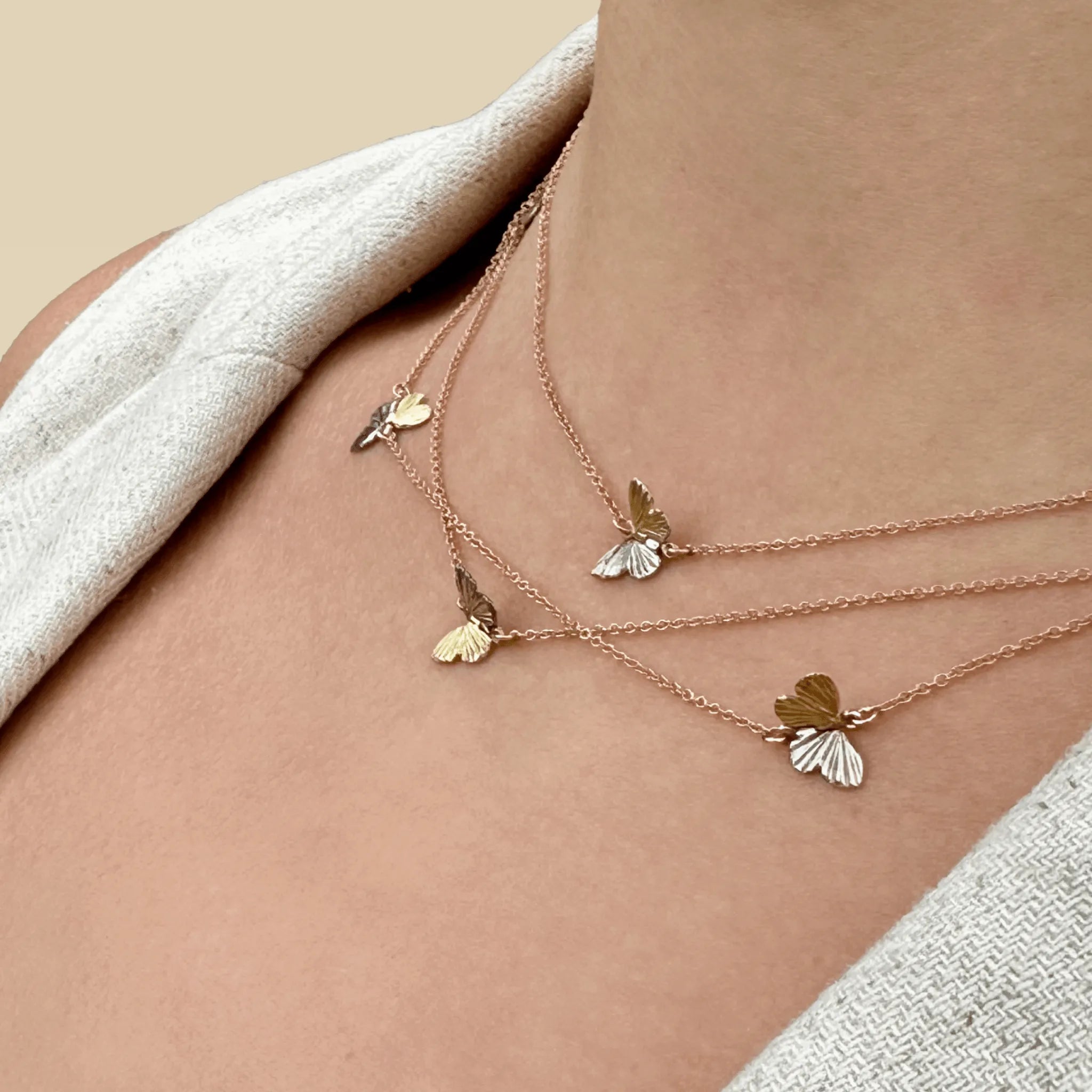 Tricolor Tiny Asterope 3 Migration Butterfly Necklace by James Banks Design - At Present Jewelry