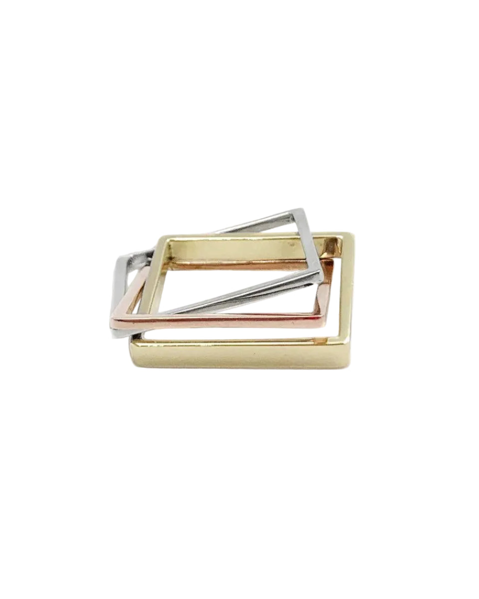 Three Band Puzzle Ring in Yellow, White and Rose Gold by Leslie Paige Jewelry - At Present Jewelry
