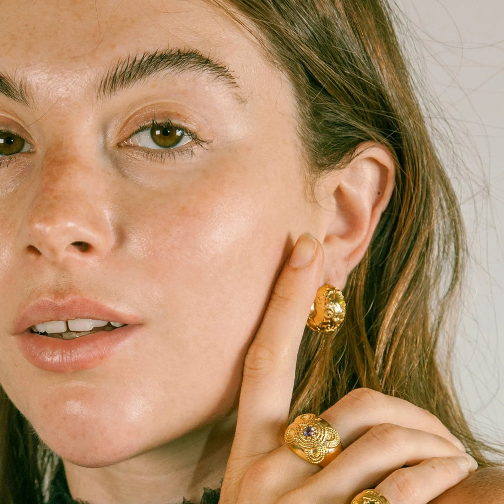 Folk Baroque Huggie Earrings by MM Druck - At Present Jewelry