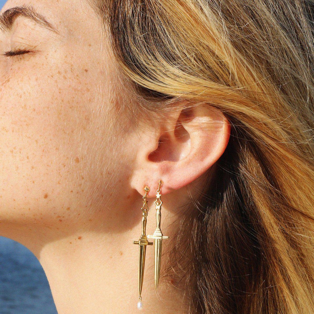 Yellow Gold Dagger Earrings by Pamela Love