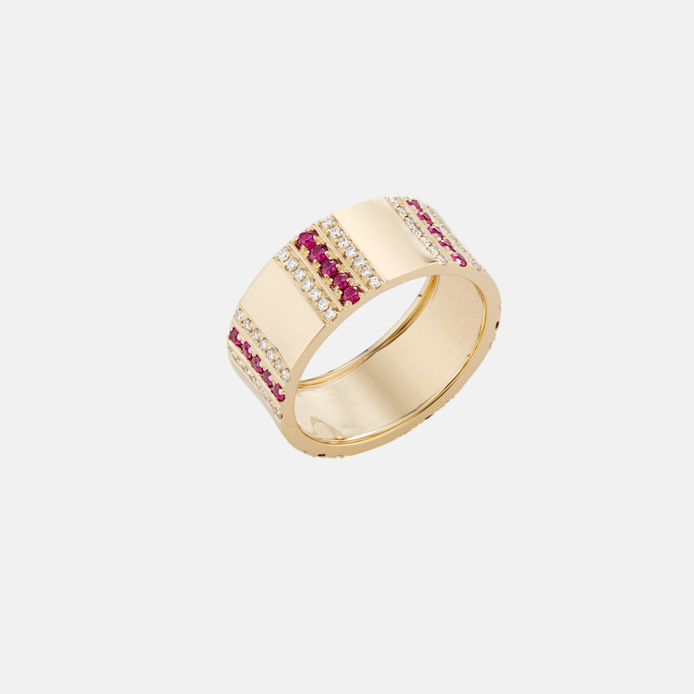 Pinstripe Strength Diamond and Ruby Cigar Band Ring by Ri Noor - At Present Jewelry