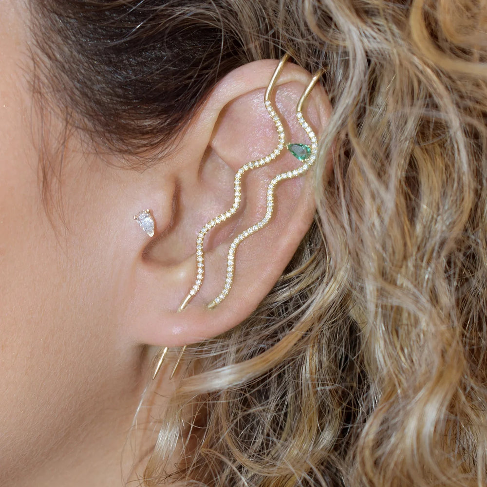 Emerald Splash Pave Wave Needle Earring by Labulgara - At Present Jewelry