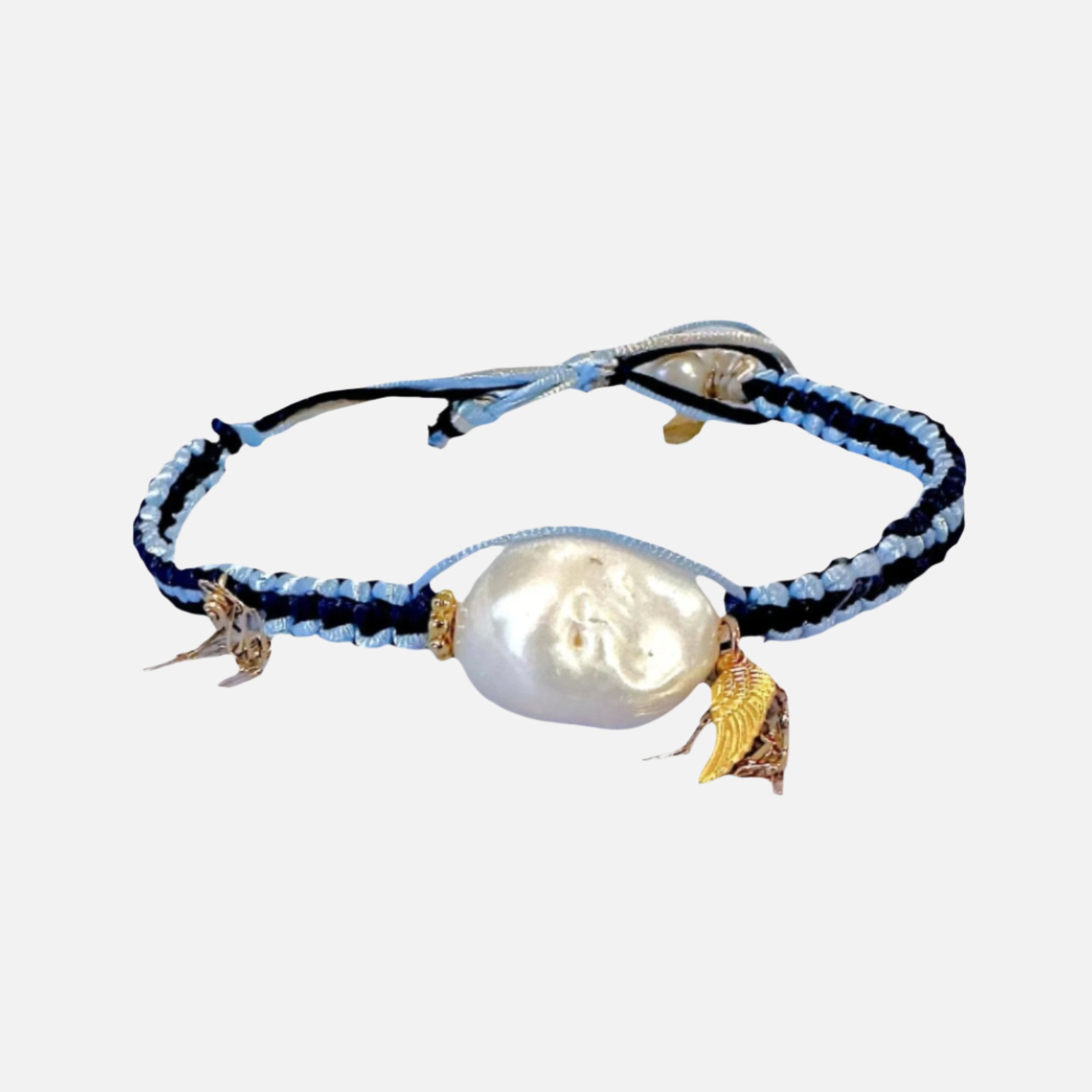 Woven blue anklet with pearls and gold accents