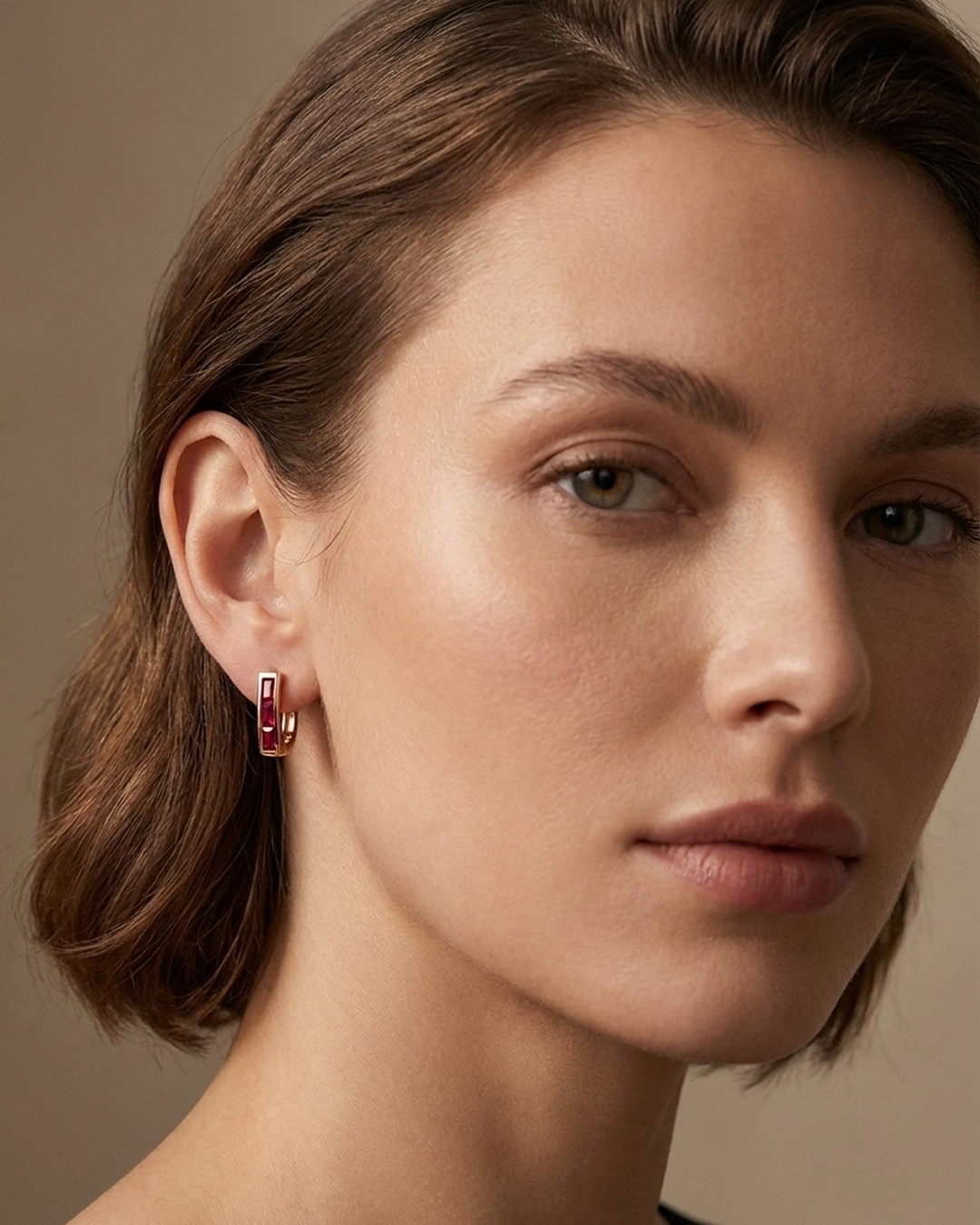 Skinny Square Ruby Huggie Earrings