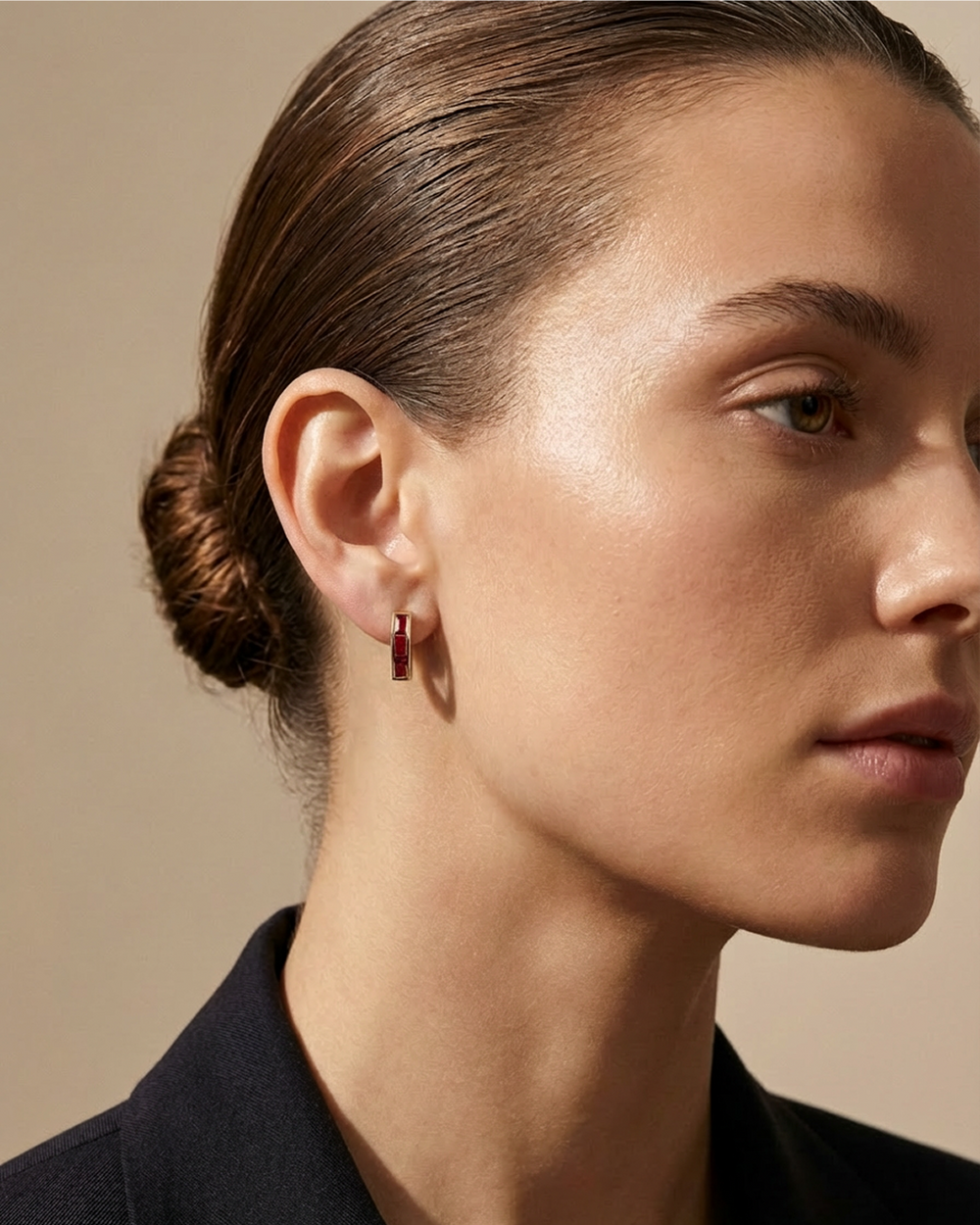 Skinny Square Ruby Huggie Earrings