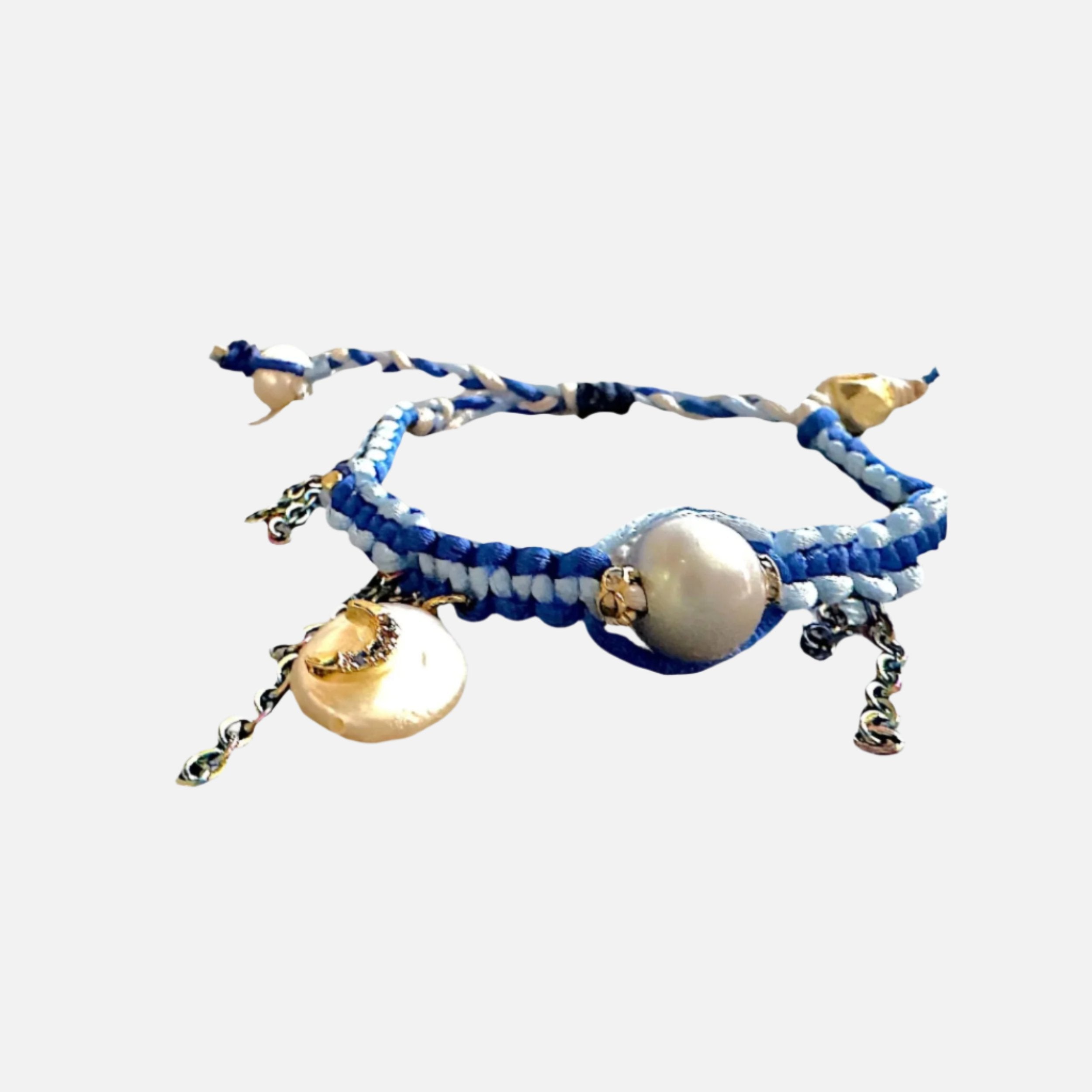 Blue woven bracelet with pearls and gold accents. Bohemian style jewelry