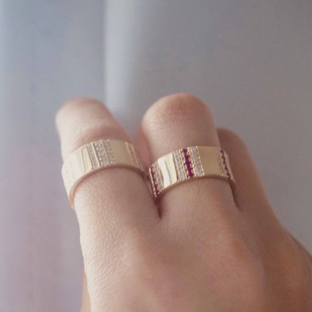 Pinstripe Strength Diamond and Ruby Cigar Band Ring by Ri Noor - At Present Jewelry