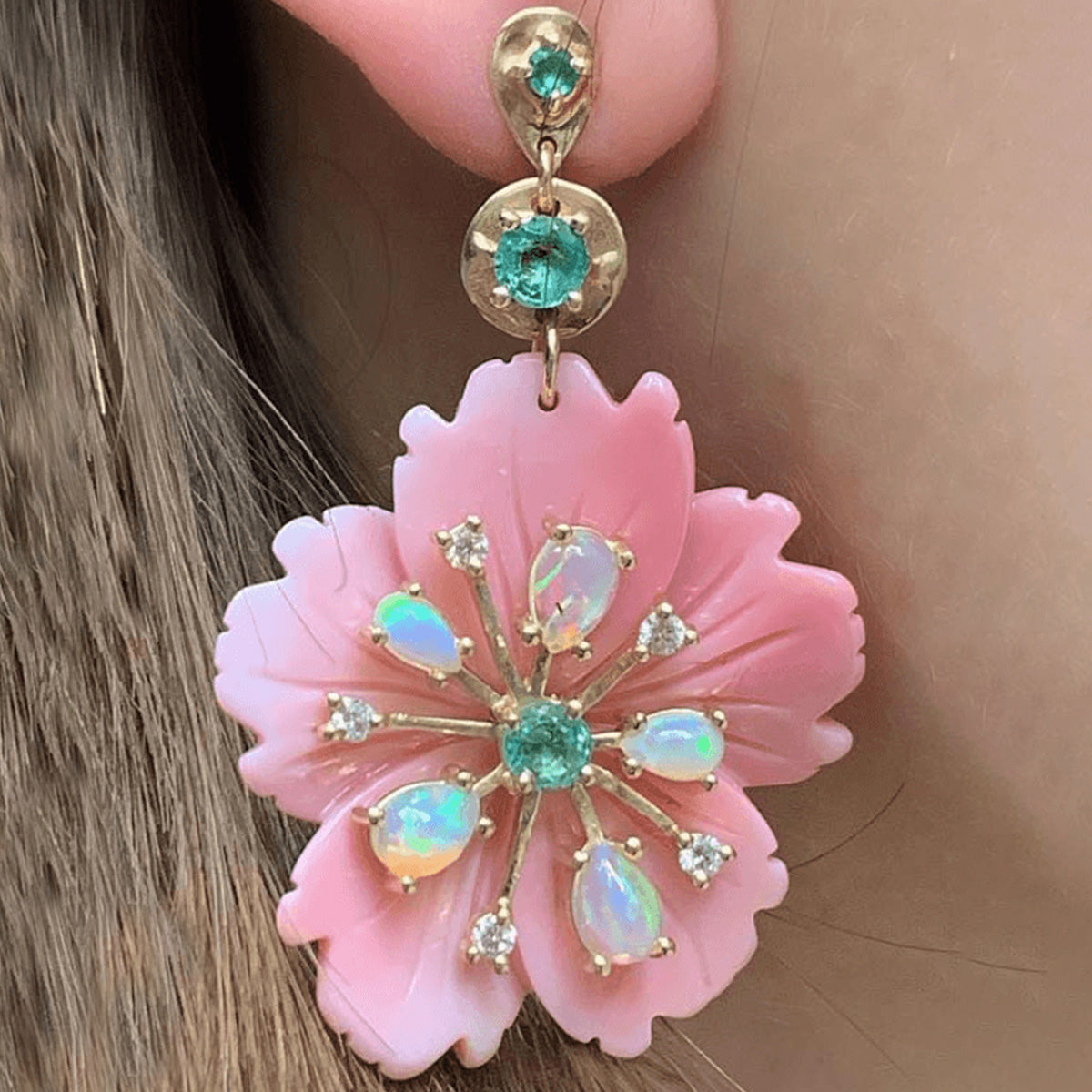 Pink Opal Flower Earrings