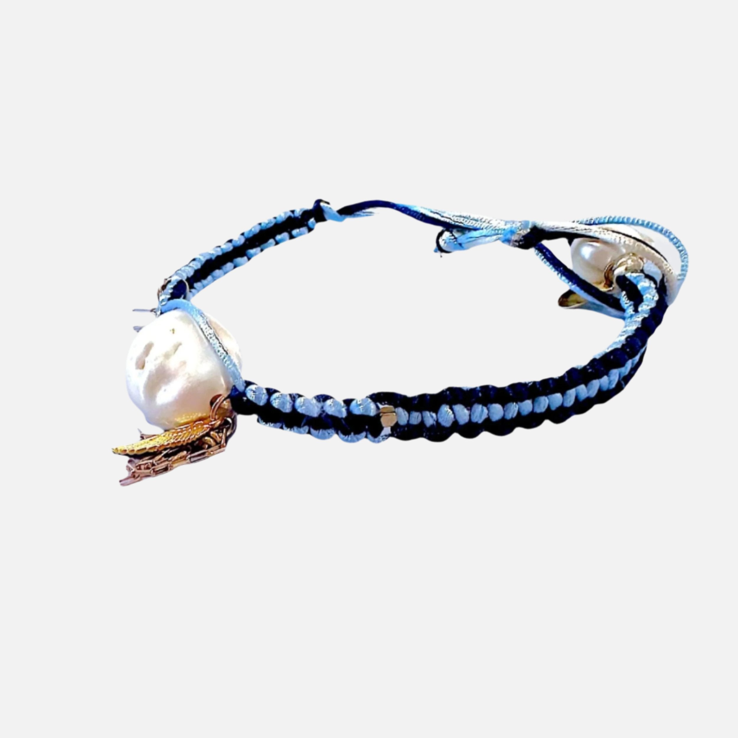 Woven blue anklet with pearls and gold accents