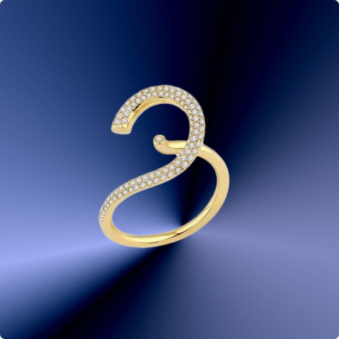 Gold twisted ring with diamonds on a blue gradient background