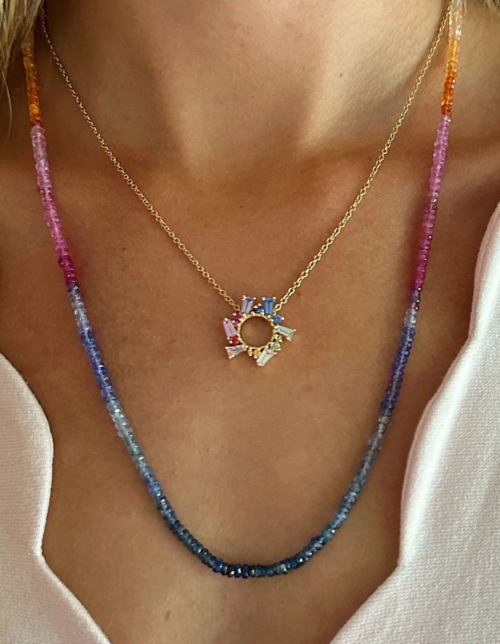 Rainbow Sapphire Small Open Circle Necklace