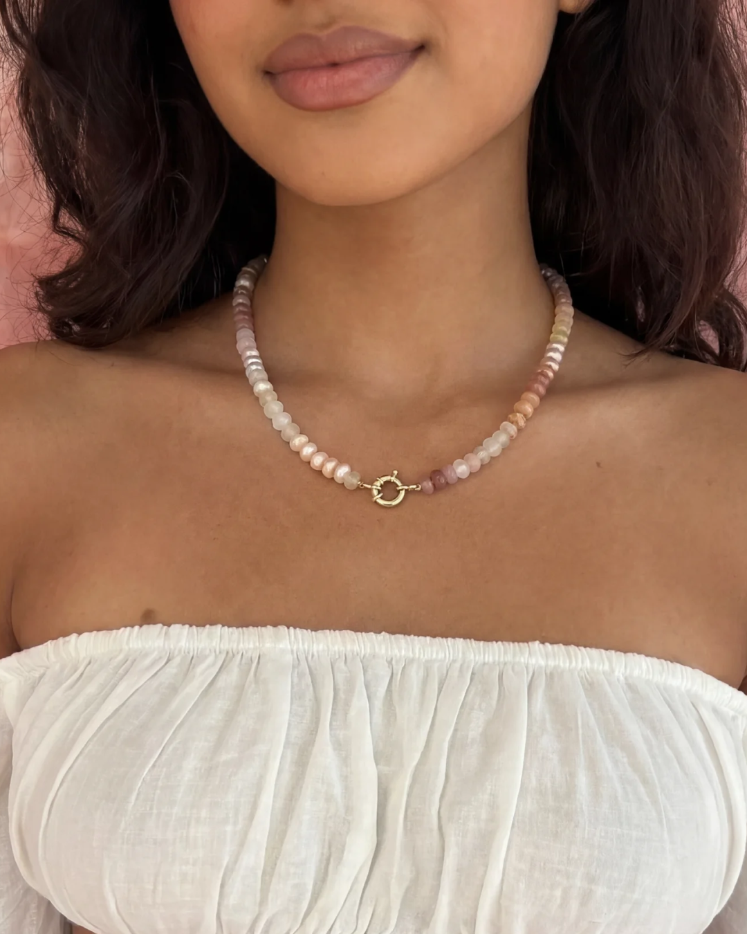 Peach Pearl Cashmere Rainbow Gemstone Necklace