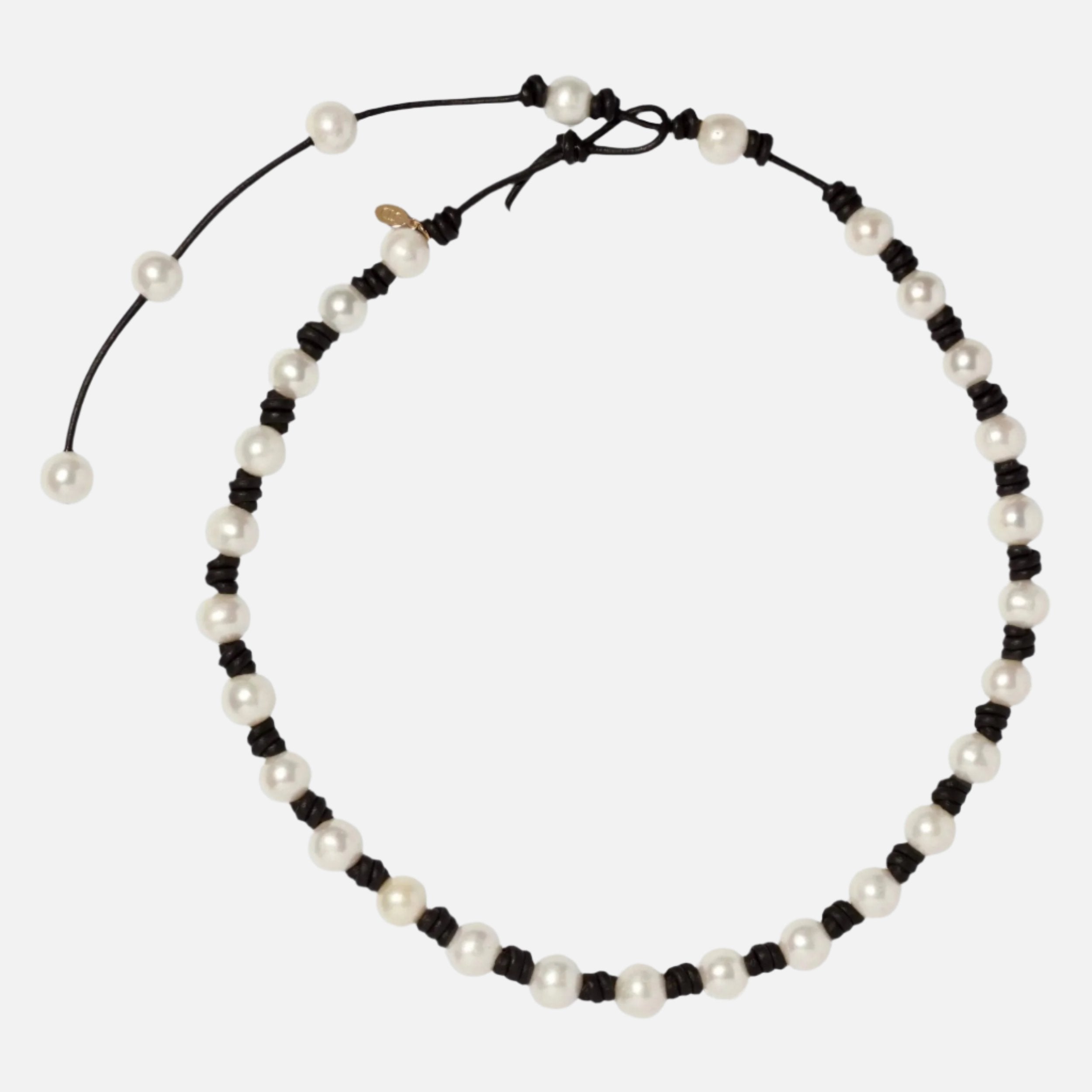 The Classic Knotted Pearl and Leather Necklace with Tail