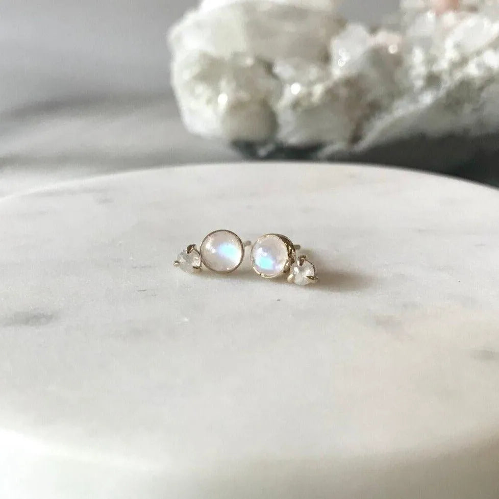 Rainbow Moonstone + Diamond Studs - At Present