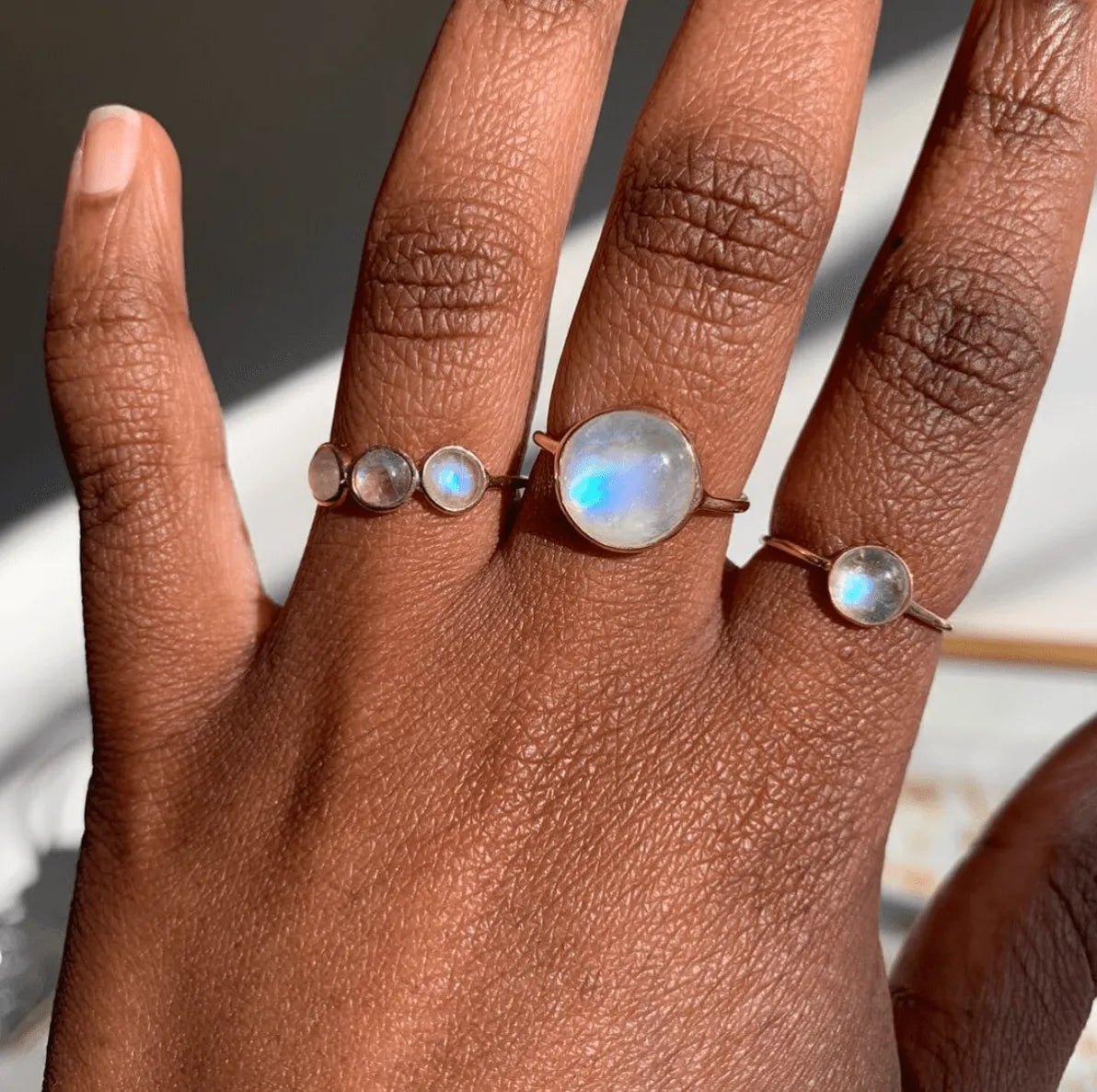 A.M. Thorne Triple Rainbow Moonstone Ring At Present Jewelry