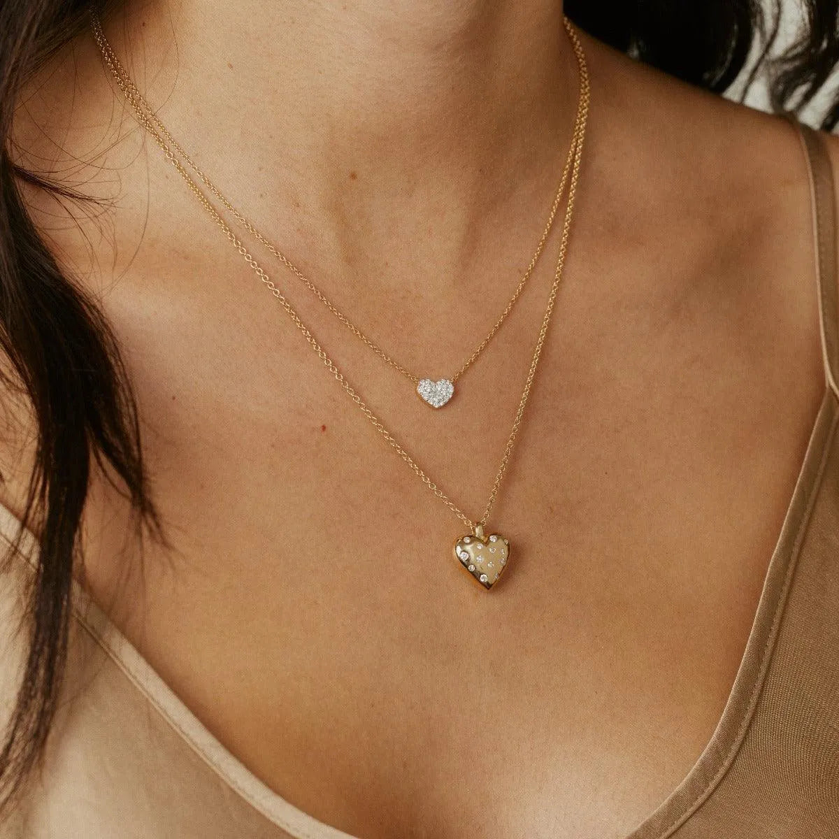 Small Reversible Diamond and Gold Puffy Heart Necklace - At Present