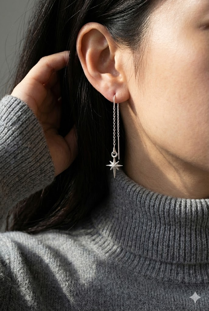 Silver Itty Bitty Threader Earring, Star