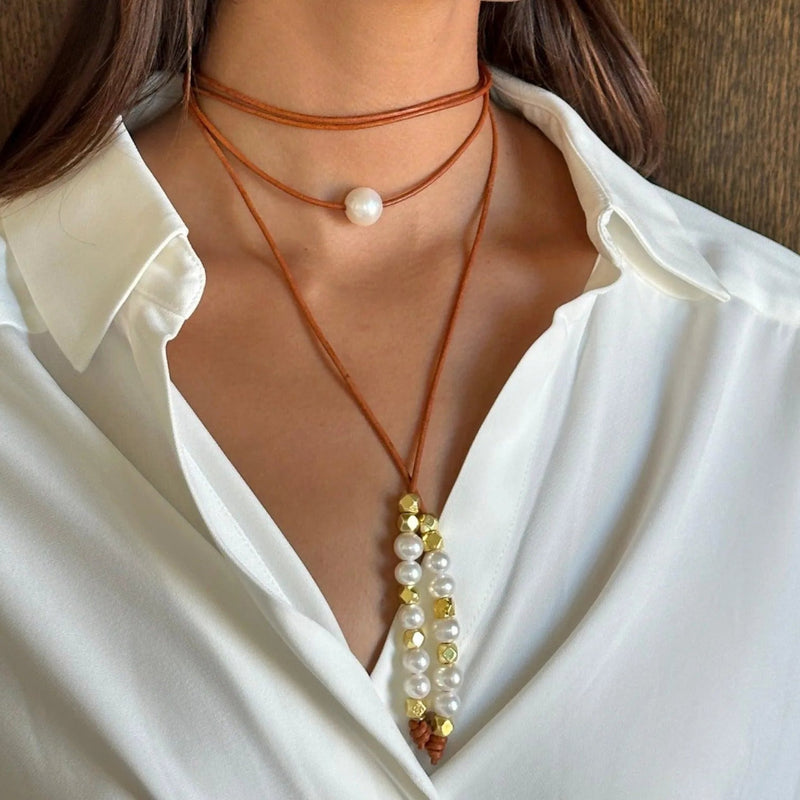 Leather, Pearl, and Nugget Lariat - At Present