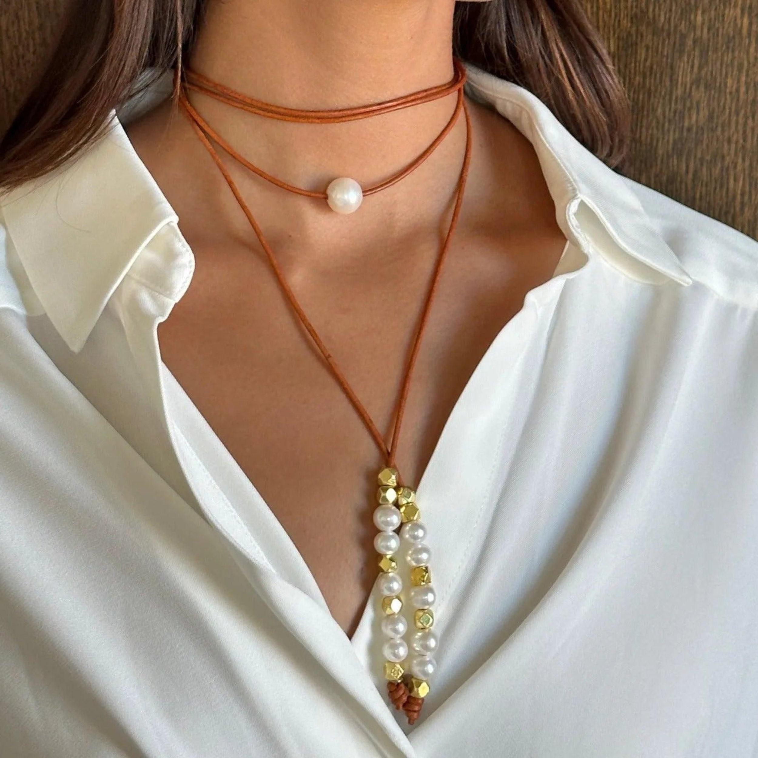 Leather, Pearl, and Nugget Lariat - At Present