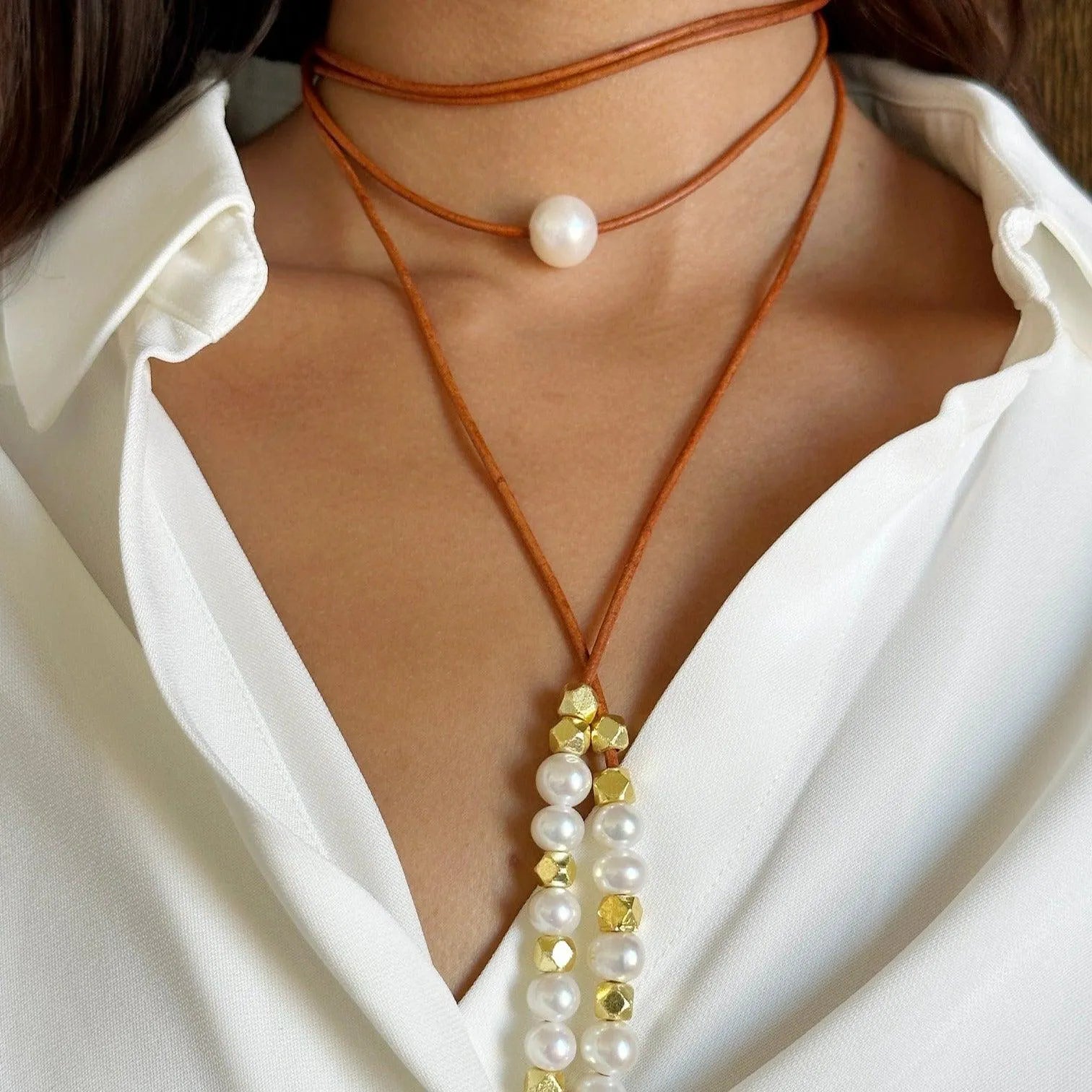 Leather, Pearl, and Nugget Lariat - At Present