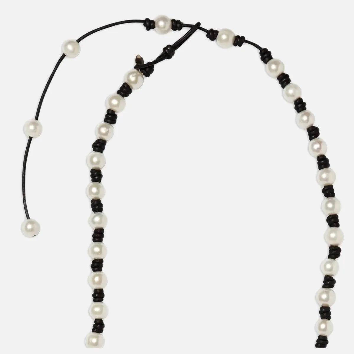 Long Knotted 10MM Pearl and Leather Necklace with Tail - At Present