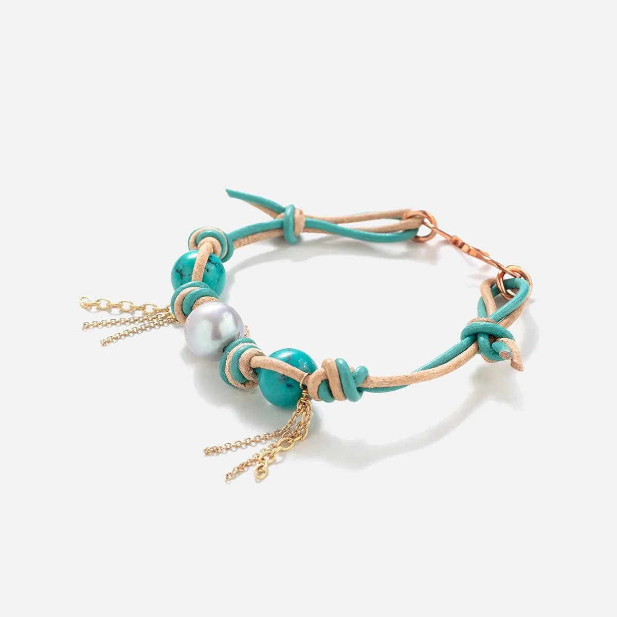 Mexican Turquoise Pearl Gold Chain Rocker Leather Bracelet - At Present