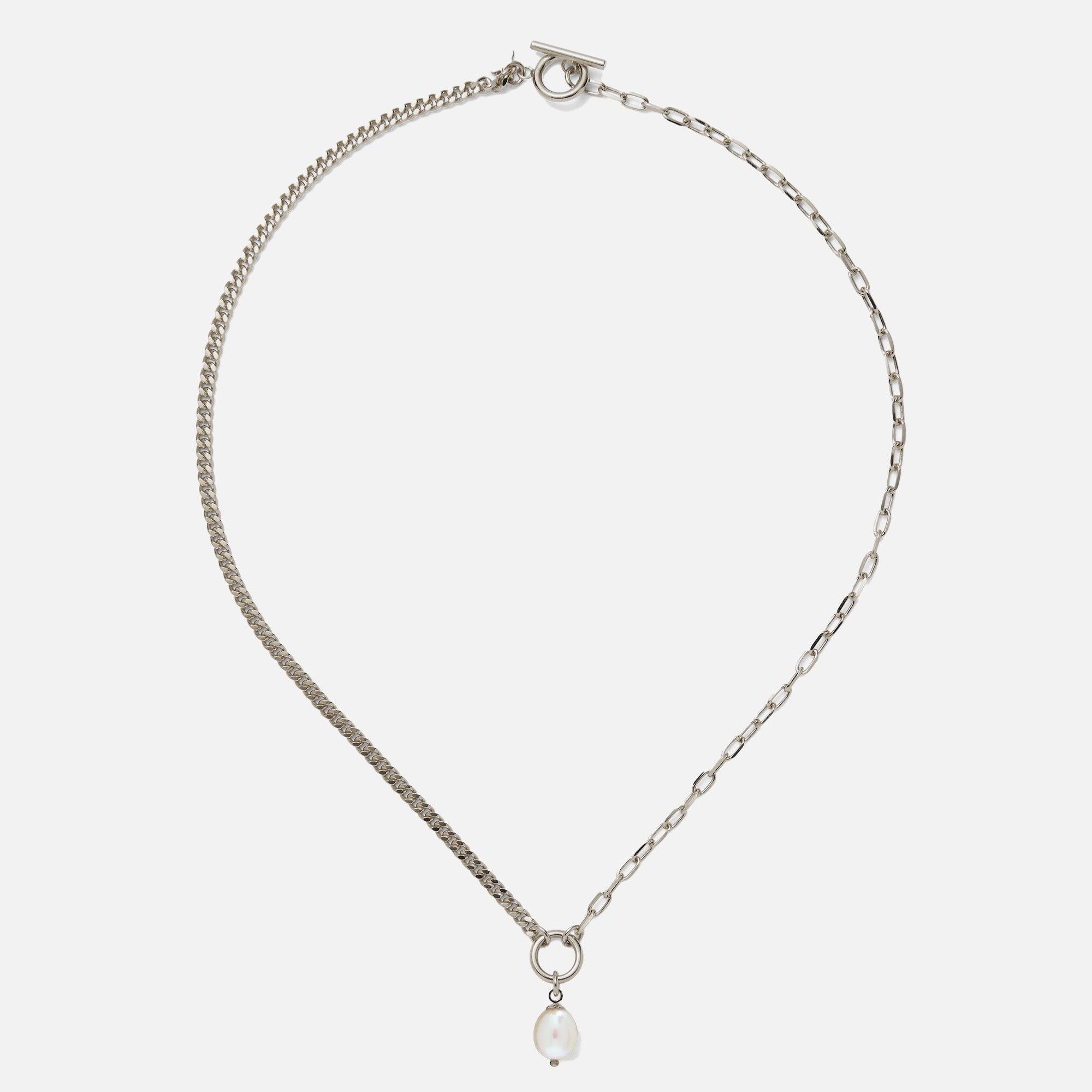 Duo Chain Necklace with White Pearl in Silver - At Present
