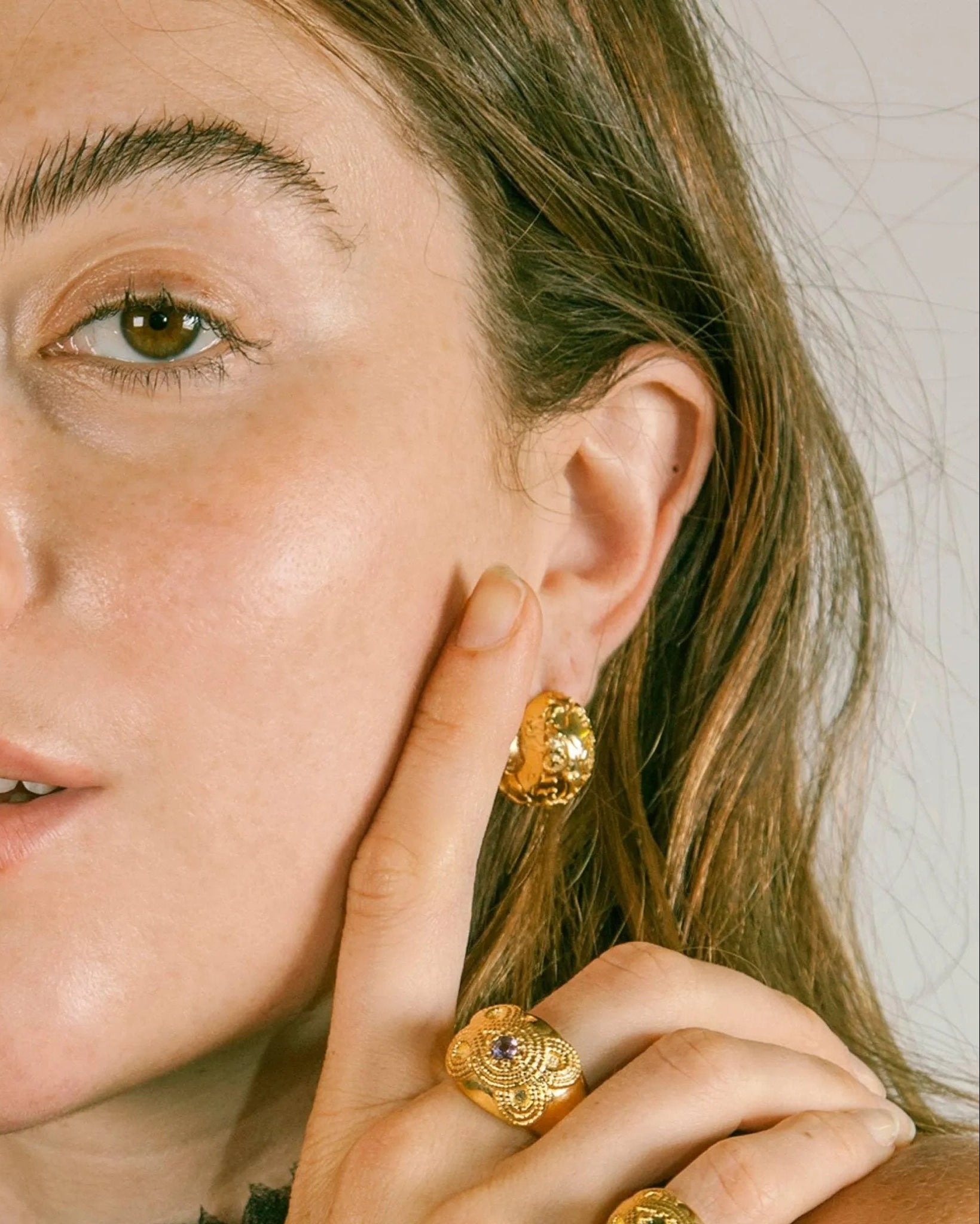 Folk Baroque Huggie Earrings by MM Druck - At Present Jewelry
