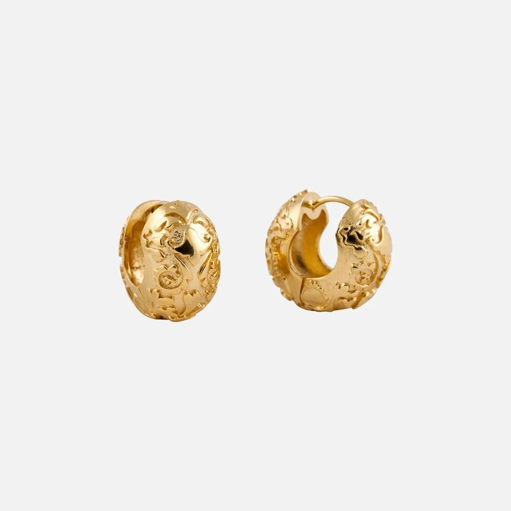 Folk Baroque Huggie Earrings by MM Druck - At Present Jewelry