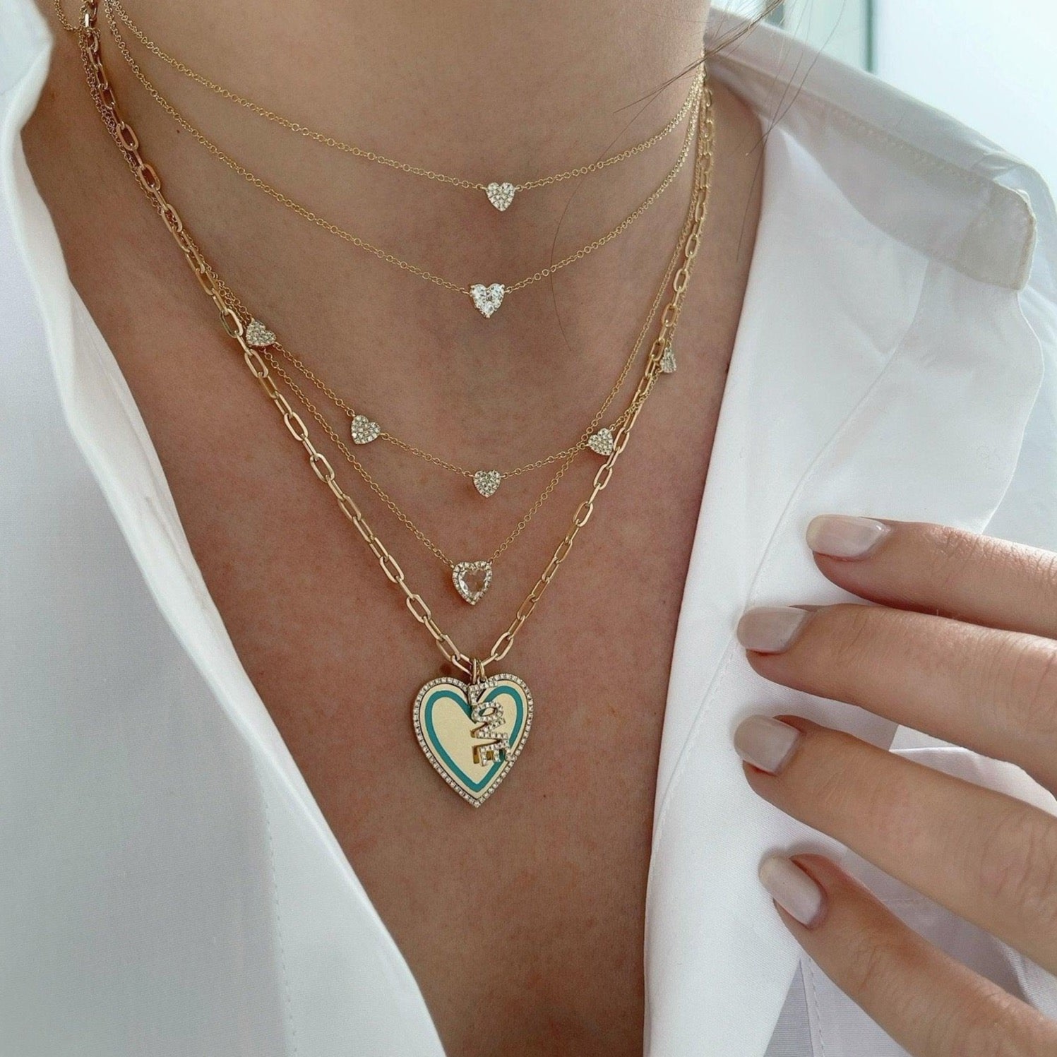 EF Collection Diamond & Enamel Heart With Mini Link Chain Necklace 2