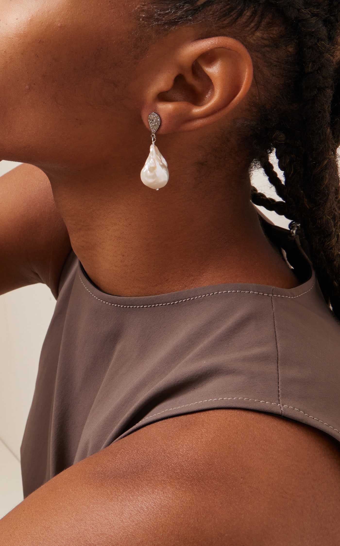 Diamond Teardrop and Baroque Pearl Earrings